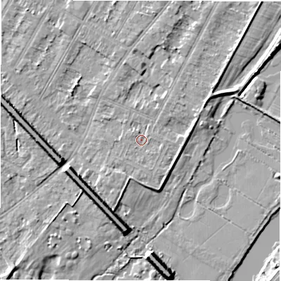 Shaded relief map of the ground around DE143AX, computed from Environment Agency LiDAR. The ground here sits at about 47 m above sea level and falls 9 m across the surrounding 800 m. Surface water reaching this point runs off ground lying to the south-south-east, 1.1 m higher.