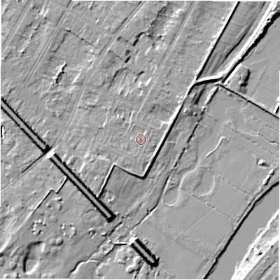 Shaded relief map of the ground around DE143AY, computed from Environment Agency LiDAR. The ground here sits at about 47 m above sea level and falls 9 m across the surrounding 800 m. Surface water reaching this point runs off ground lying to the south-south-west, 0.7 m higher.