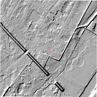 Shaded relief map of the ground around DE143AZ, computed from Environment Agency LiDAR. The ground here sits at about 47 m above sea level and falls 9 m across the surrounding 800 m. Surface water reaching this point runs off ground lying to the south-east, 0.6 m higher.