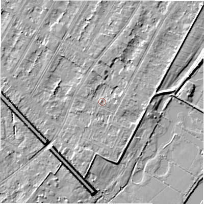 Shaded relief map of the ground around DE143BA, computed from Environment Agency LiDAR. The ground here sits at about 46 m above sea level and falls 8 m across the surrounding 800 m. Surface water reaching this point runs off ground lying to the east-south-east, 1.9 m higher.