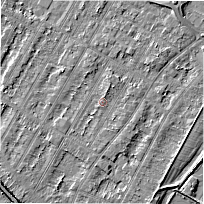 Shaded relief map of the ground around DE143BB, computed from Environment Agency LiDAR. The ground here sits at about 47 m above sea level and falls 6 m across the surrounding 800 m. Surface water reaching this point runs off ground lying to the south-south-east, 1.2 m higher.