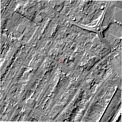 Shaded relief map of the ground around DE143BD, computed from Environment Agency LiDAR. The ground here sits at about 46 m above sea level and falls 4 m across the surrounding 800 m. Surface water reaching this point runs off ground lying to the south, 2.7 m higher.