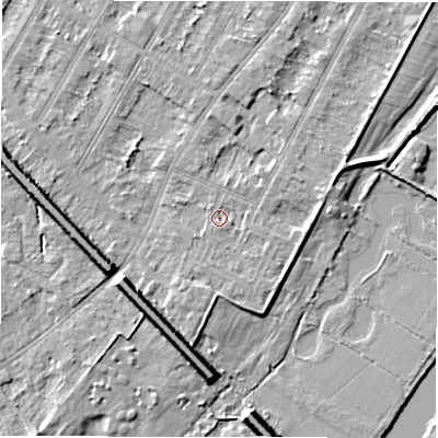 Shaded relief map of the ground around DE143BE, computed from Environment Agency LiDAR. The ground here sits at about 46 m above sea level and falls 9 m across the surrounding 800 m. Surface water reaching this point runs off ground lying to the east, 1.9 m higher.
