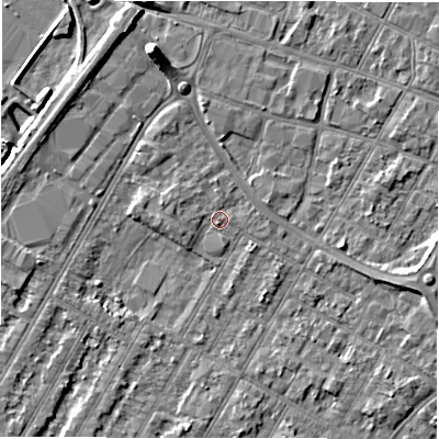 Shaded relief map of the ground around DE143BF, computed from Environment Agency LiDAR. The ground here sits at about 46 m above sea level and falls 7 m across the surrounding 800 m. Surface water reaching this point runs off ground lying to the west-north-west, 1.2 m higher.