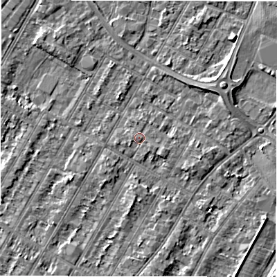 Shaded relief map of the ground around DE143BG, computed from Environment Agency LiDAR. The ground here sits at about 47 m above sea level and falls 4 m across the surrounding 800 m. Surface water reaching this point runs off ground lying to the south-east, 1.1 m higher.