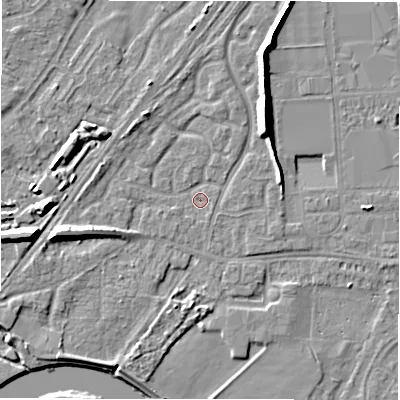 Shaded relief map of the ground around DE143BH, computed from Environment Agency LiDAR. The ground here sits at about 46 m above sea level and falls 9 m across the surrounding 800 m. Surface water reaching this point runs off ground lying to the west-south-west, 1.0 m higher.