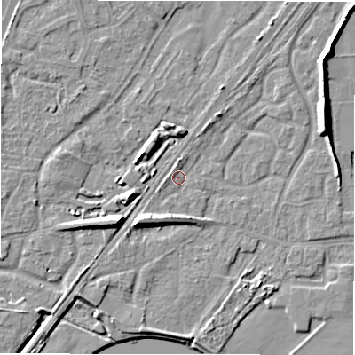 Shaded relief map of the ground around DE143BJ, computed from Environment Agency LiDAR. The ground here sits at about 47 m above sea level and falls 9 m across the surrounding 800 m. Surface water reaching this point runs off ground lying to the south-west, 6.2 m higher.