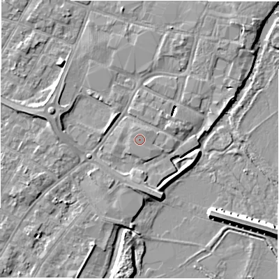 Shaded relief map of the ground around DE143BL, computed from Environment Agency LiDAR. The ground here sits at about 47 m above sea level and falls 9 m across the surrounding 800 m. The ground contributing surface water to this point lies to the south-south-west.