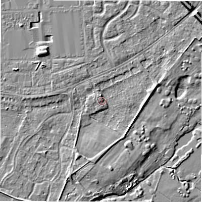 Shaded relief map of the ground around DE143BN, computed from Environment Agency LiDAR. The ground here sits at about 47 m above sea level and falls 7 m across the surrounding 800 m. Surface water reaching this point runs off ground lying to the south-south-west, 3.0 m higher.