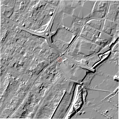 Shaded relief map of the ground around DE143BP, computed from Environment Agency LiDAR. The ground here sits at about 46 m above sea level and falls 8 m across the surrounding 800 m. Surface water reaching this point runs off ground lying to the east-south-east, 3.1 m higher.