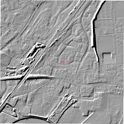 Shaded relief map of the ground around DE143BQ, computed from Environment Agency LiDAR. The ground here sits at about 46 m above sea level and falls 9 m across the surrounding 800 m. Surface water reaching this point runs off ground lying to the west, 1.0 m higher.