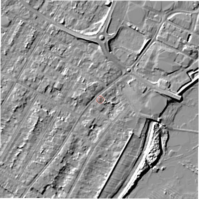 Shaded relief map of the ground around DE143BS, computed from Environment Agency LiDAR. The ground here sits at about 46 m above sea level and falls 8 m across the surrounding 800 m. Surface water reaching this point runs off ground lying to the east, 3.1 m higher.