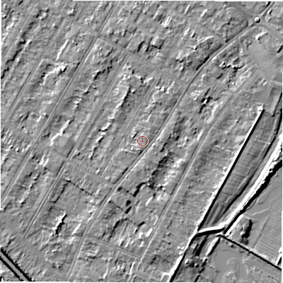 Shaded relief map of the ground around DE143BT, computed from Environment Agency LiDAR. The ground here sits at about 47 m above sea level and falls 7 m across the surrounding 800 m. Surface water reaching this point runs off ground lying to the south-south-west, 0.6 m higher.