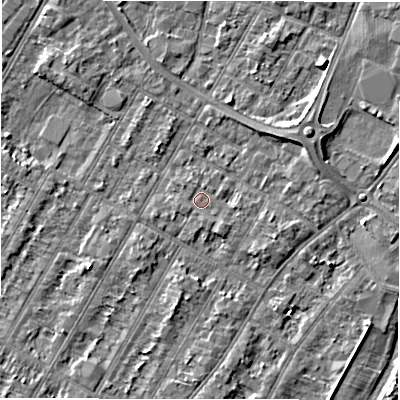 Shaded relief map of the ground around DE143BU, computed from Environment Agency LiDAR. The ground here sits at about 46 m above sea level and falls 4 m across the surrounding 800 m. Surface water reaching this point runs off ground lying to the south-south-east, 1.1 m higher.