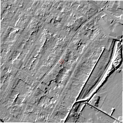 Shaded relief map of the ground around DE143BY, computed from Environment Agency LiDAR. The ground here sits at about 47 m above sea level and falls 7 m across the surrounding 800 m. Surface water reaching this point runs off ground lying to the south-west, 0.9 m higher.
