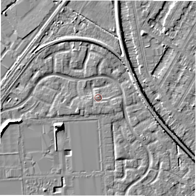 Shaded relief map of the ground around DE143DA, computed from Environment Agency LiDAR. The ground here sits at about 47 m above sea level and falls 9 m across the surrounding 800 m. Surface water reaching this point runs off ground lying to the south-south-east, 2.0 m higher.