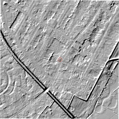 Shaded relief map of the ground around DE143DB, computed from Environment Agency LiDAR. The ground here sits at about 47 m above sea level and falls 8 m across the surrounding 800 m. Surface water reaching this point runs off ground lying to the north-east, 1.6 m higher.