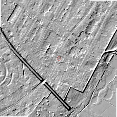 Shaded relief map of the ground around DE143DD, computed from Environment Agency LiDAR. The ground here sits at about 46 m above sea level and falls 8 m across the surrounding 800 m. Surface water reaching this point runs off ground lying to the north-north-east, 1.6 m higher.