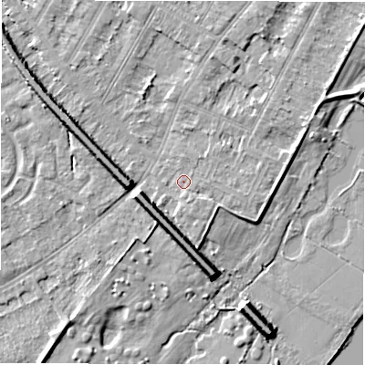 Shaded relief map of the ground around DE143DF, computed from Environment Agency LiDAR. The ground here sits at about 47 m above sea level and falls 9 m across the surrounding 800 m. Surface water reaching this point runs off ground lying to the south-east, 1.8 m higher.