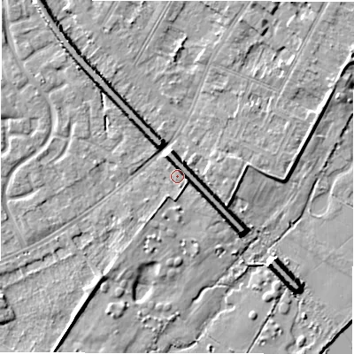Shaded relief map of the ground around DE143DH, computed from Environment Agency LiDAR. The ground here sits at about 46 m above sea level and falls 9 m across the surrounding 800 m. Surface water reaching this point runs off ground lying to the south-south-west, 0.9 m higher.