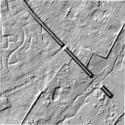 Shaded relief map of the ground around DE143DJ, computed from Environment Agency LiDAR. The ground here sits at about 46 m above sea level and falls 9 m across the surrounding 800 m. Surface water reaching this point runs off ground lying to the east-south-east, 0.8 m higher.