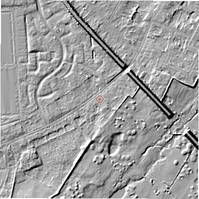 Shaded relief map of the ground around DE143DL, computed from Environment Agency LiDAR. The ground here sits at about 46 m above sea level and falls 9 m across the surrounding 800 m. Surface water reaching this point runs off ground lying to the south-south-west, 2.7 m higher.