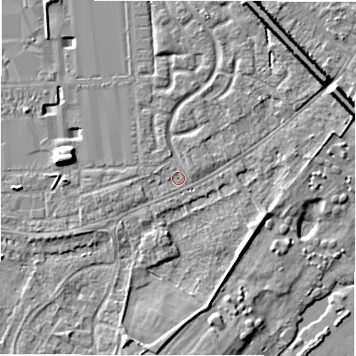 Shaded relief map of the ground around DE143DN, computed from Environment Agency LiDAR. The ground here sits at about 46 m above sea level and falls 7 m across the surrounding 800 m. Surface water reaching this point runs off ground lying to the west-south-west, 1.3 m higher.