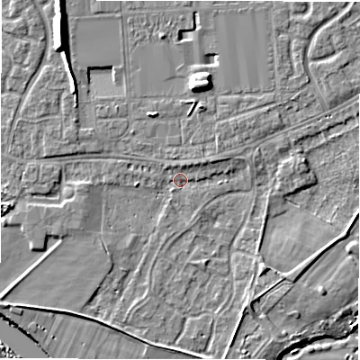 Shaded relief map of the ground around DE143DP, computed from Environment Agency LiDAR. The ground here sits at about 46 m above sea level and falls 9 m across the surrounding 800 m. Surface water reaching this point runs off ground lying to the north-west, 4.1 m higher.