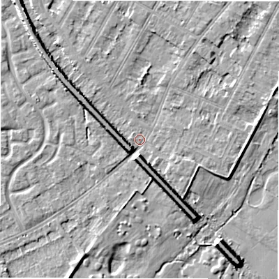 Shaded relief map of the ground around DE143DQ, computed from Environment Agency LiDAR. The ground here sits at about 46 m above sea level and falls 9 m across the surrounding 800 m. Surface water reaching this point runs off ground lying to the south-south-east, 6.8 m higher.