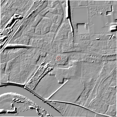 Shaded relief map of the ground around DE143DR, computed from Environment Agency LiDAR. The ground here sits at about 47 m above sea level and falls 9 m across the surrounding 800 m. Surface water reaching this point runs off ground lying to the north, 0.7 m higher.