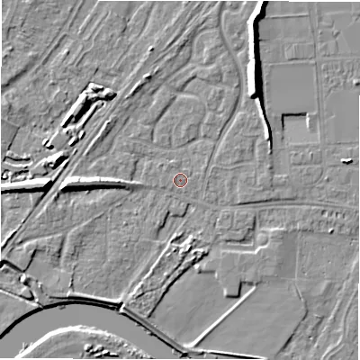 Shaded relief map of the ground around DE143DS, computed from Environment Agency LiDAR. The ground here sits at about 47 m above sea level and falls 9 m across the surrounding 800 m. Surface water reaching this point runs off ground lying to the north-north-west, 0.5 m higher.