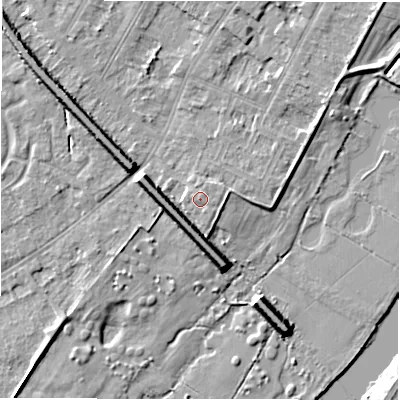 Shaded relief map of the ground around DE143DT, computed from Environment Agency LiDAR. The ground here sits at about 47 m above sea level and falls 9 m across the surrounding 800 m. Surface water reaching this point runs off ground lying to the south-east, 0.6 m higher.