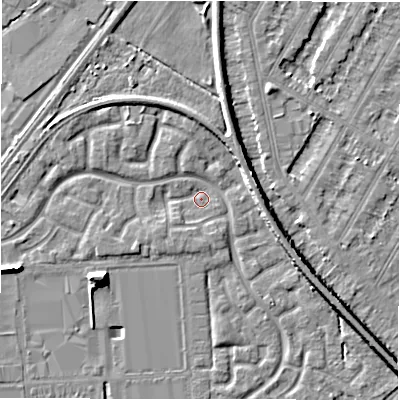 Shaded relief map of the ground around DE143DU, computed from Environment Agency LiDAR. The ground here sits at about 46 m above sea level and falls 7 m across the surrounding 800 m. Surface water reaching this point runs off ground lying to the south-west, 1.9 m higher.