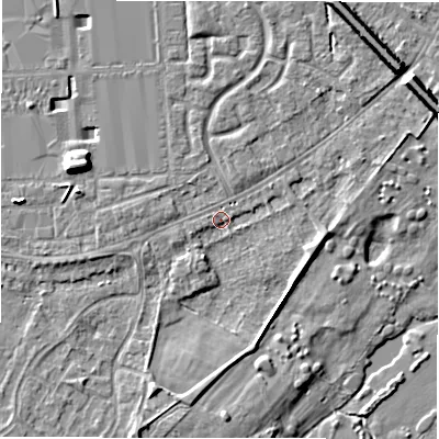 Shaded relief map of the ground around DE143DW, computed from Environment Agency LiDAR. The ground here sits at about 46 m above sea level and falls 7 m across the surrounding 800 m. Surface water reaching this point runs off ground lying to the south-south-west, 3.0 m higher.
