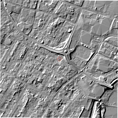 Shaded relief map of the ground around DE143DX, computed from Environment Agency LiDAR. The ground here sits at about 46 m above sea level and falls 7 m across the surrounding 800 m. Surface water reaching this point runs off ground lying to the east-north-east, 2.3 m higher.