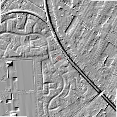 Shaded relief map of the ground around DE143DY, computed from Environment Agency LiDAR. The ground here sits at about 46 m above sea level and falls 7 m across the surrounding 800 m. Surface water reaching this point runs off ground lying to the south-east, 6.6 m higher.