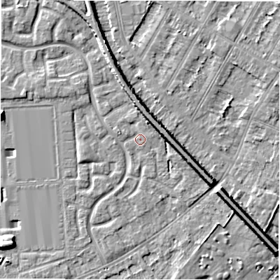 Shaded relief map of the ground around DE143DZ, computed from Environment Agency LiDAR. The ground here sits at about 46 m above sea level and falls 8 m across the surrounding 800 m. Surface water reaching this point runs off ground lying to the east-south-east, 6.6 m higher.