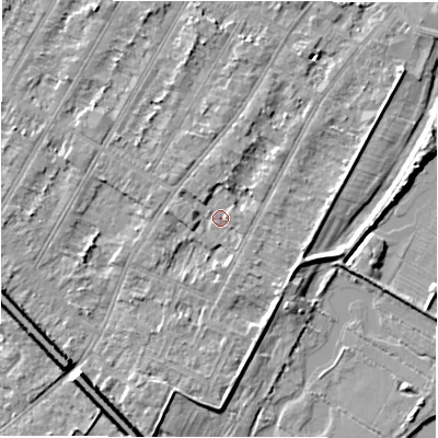 Shaded relief map of the ground around DE143EA, computed from Environment Agency LiDAR. The ground here sits at about 46 m above sea level and falls 8 m across the surrounding 800 m. Surface water reaching this point runs off ground lying to the west, 1.7 m higher.