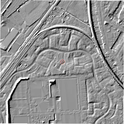 Shaded relief map of the ground around DE143EB, computed from Environment Agency LiDAR. The ground here sits at about 46 m above sea level and falls 10 m across the surrounding 800 m. Surface water reaching this point runs off ground lying to the south, 1.8 m higher.