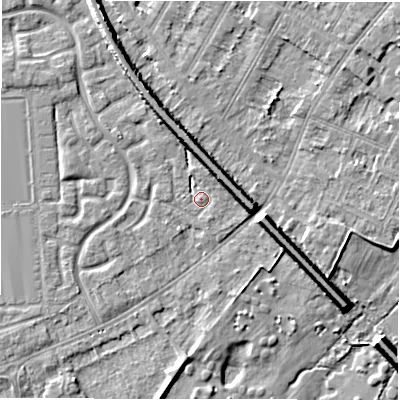 Shaded relief map of the ground around DE143ED, computed from Environment Agency LiDAR. The ground here sits at about 46 m above sea level and falls 9 m across the surrounding 800 m. Surface water reaching this point runs off ground lying to the east, 6.0 m higher.