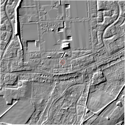 Shaded relief map of the ground around DE143EE, computed from Environment Agency LiDAR. The ground here sits at about 47 m above sea level and falls 8 m across the surrounding 800 m. Surface water reaching this point runs off ground lying to the north-north-east, 1.6 m higher.