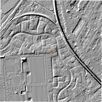 Shaded relief map of the ground around DE143EF, computed from Environment Agency LiDAR. The ground here sits at about 47 m above sea level and falls 7 m across the surrounding 800 m. Surface water reaching this point runs off ground lying to the west, 0.8 m higher.