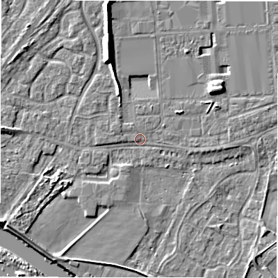 Shaded relief map of the ground around DE143EG, computed from Environment Agency LiDAR. The ground here sits at about 47 m above sea level and falls 9 m across the surrounding 800 m. Surface water reaching this point runs off ground lying to the north-north-west, 7.6 m higher.