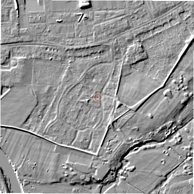 Shaded relief map of the ground around DE143EJ, computed from Environment Agency LiDAR. The ground here sits at about 46 m above sea level and falls 7 m across the surrounding 800 m. Surface water reaching this point runs off ground lying to the east-south-east, 2.9 m higher.