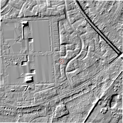 Shaded relief map of the ground around DE143EL, computed from Environment Agency LiDAR. The ground here sits at about 46 m above sea level and falls 7 m across the surrounding 800 m. Surface water reaching this point runs off ground lying to the north-east, 0.9 m higher.