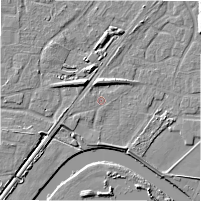 Shaded relief map of the ground around DE143EN, computed from Environment Agency LiDAR. The ground here sits at about 47 m above sea level and falls 9 m across the surrounding 800 m. Surface water reaching this point runs off ground lying to the south-west, 1.5 m higher.