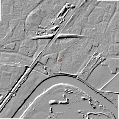 Shaded relief map of the ground around DE143EP, computed from Environment Agency LiDAR. The ground here sits at about 47 m above sea level and falls 9 m across the surrounding 800 m. Surface water reaching this point runs off ground lying to the west-south-west, 1.8 m higher.
