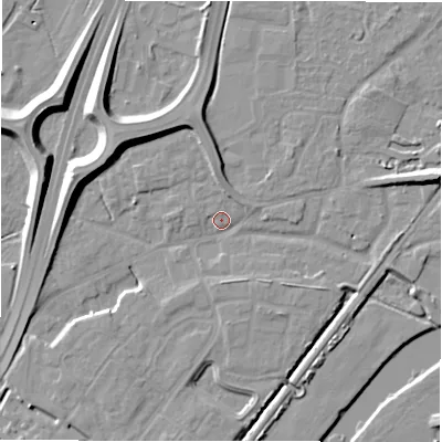 Shaded relief map of the ground around DE143EQ, computed from Environment Agency LiDAR. The ground here sits at about 48 m above sea level and falls 11 m across the surrounding 800 m. Surface water reaching this point runs off ground lying to the west-north-west, 9.8 m higher.