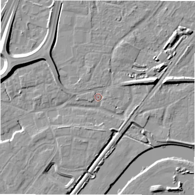 Shaded relief map of the ground around DE143ER, computed from Environment Agency LiDAR. The ground here sits at about 47 m above sea level and falls 11 m across the surrounding 800 m. Surface water reaching this point runs off ground lying to the east-north-east, 3.8 m higher.