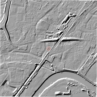 Shaded relief map of the ground around DE143ES, computed from Environment Agency LiDAR. The ground here sits at about 47 m above sea level and falls 9 m across the surrounding 800 m. Surface water reaching this point runs off ground lying to the north-east, 5.9 m higher.